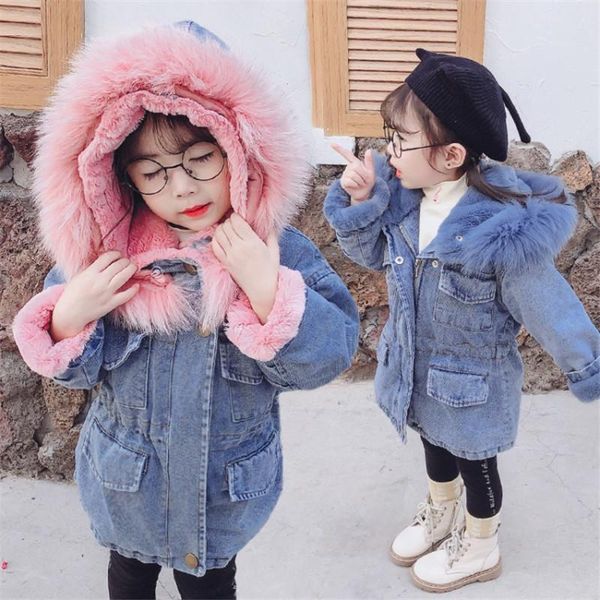 

baby clothes winter new velvet thick denim cotton clothes for baby girls casual warm jacket with hooded fur collar for girl, Blue;gray