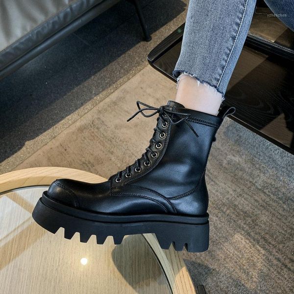 

boots lace up genuine leather ladies side zipper elegant thick high heels pumps 2021 autumn winter office shoes woman1, Black