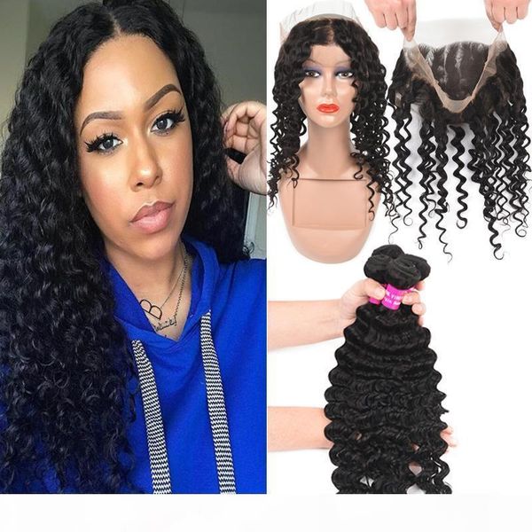 

9a remy brazilian hair deep wave with 360 full lace closure kinky curly water wave loose straight with 360 full lace closure pre plucked, Black