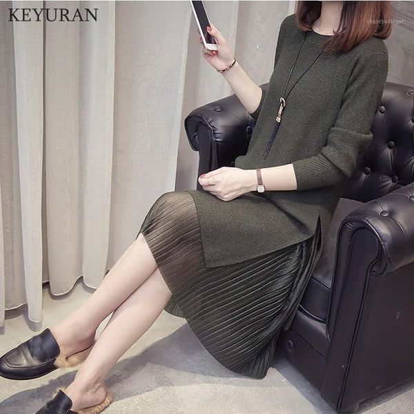 

plus size 4xl 2019 autumn new women sweater midi dress sets casual elegant long sleeve split knitted dresses pleated skirt suit1, White