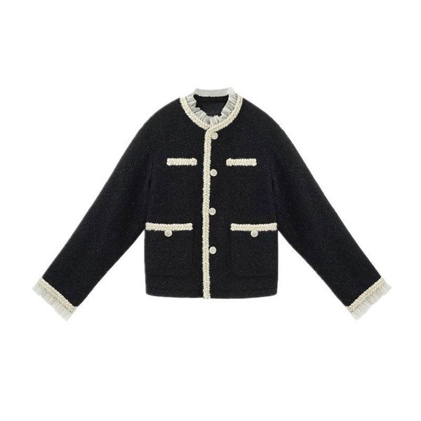 

spring/autumn lace small breeze jacket bright tweed suit elegant light ripe coat casual multi-pocket office sweet lady clothing, Black