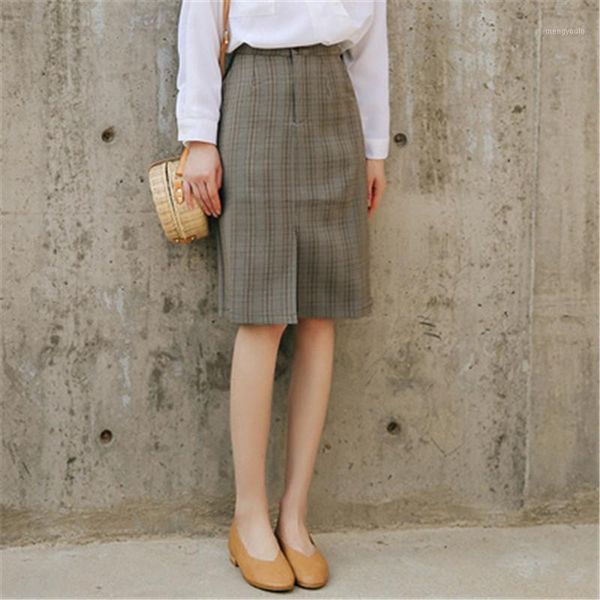 

women casual skirt autumn 2020 korean style vintage plaid bag hip skirts plus size stitching color high waist split skirts1, Black