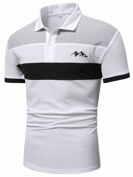 

men mountain print color block polo shirt 31fq#, White;black