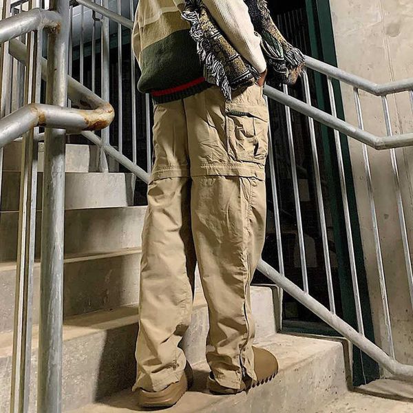 

men's pants american khaki shell overalls men's high street straight tube leisure vibe style fried street pants men, Black