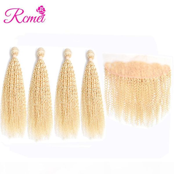 

rcmei 613 blonde kinky cruly lace frontal with bundles brazilian remy hair human hair 4 bundles with 13x4 frontal pre-plucked ing, Black;brown