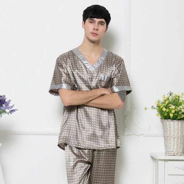 

2020 men's stain silk pajamas sets men summer homewear pijama hombre short sleeve trousers pajamas for men1, Black;brown