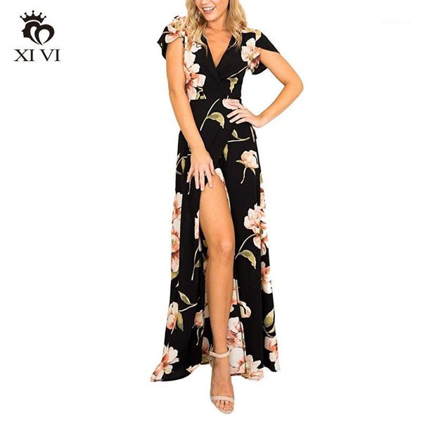 

xivi women's bohemian deep v neck floral chiffon wrap split maxi long dress1, White;black
