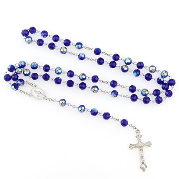 Collana vintage con pendente a forma di croce, rosario, catena a maglie, perline di vetro, religione Gesù, donna cattolica, Vergine Maria