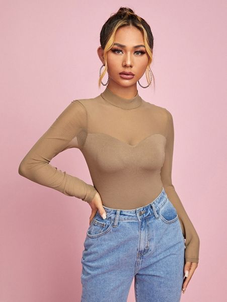 

petite mock neck mesh yoke crop tee v1uy#, White