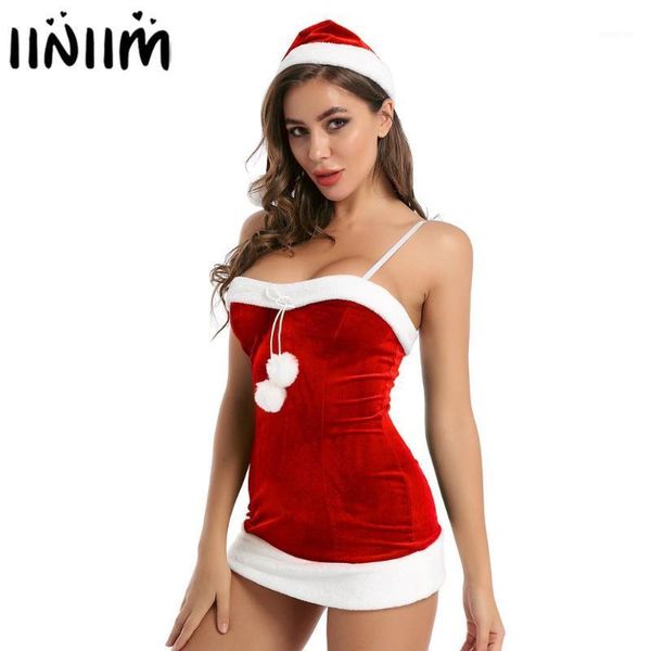 

iiniim womens female parties velvet white flannel trim mini dress with hat beauty santa christmas fancy dress costume1, Black;gray