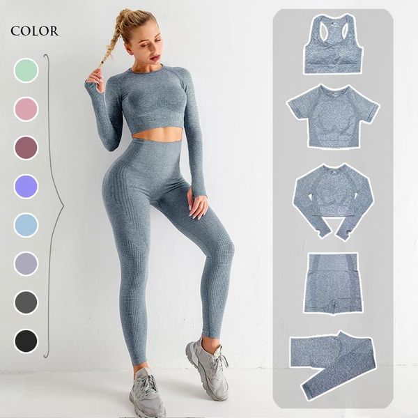 

yoga outfits 2/3/5pcs seamless women set workout sportswear gym clothing fitness long sleeve crop high waist leggings sports suits, White;red