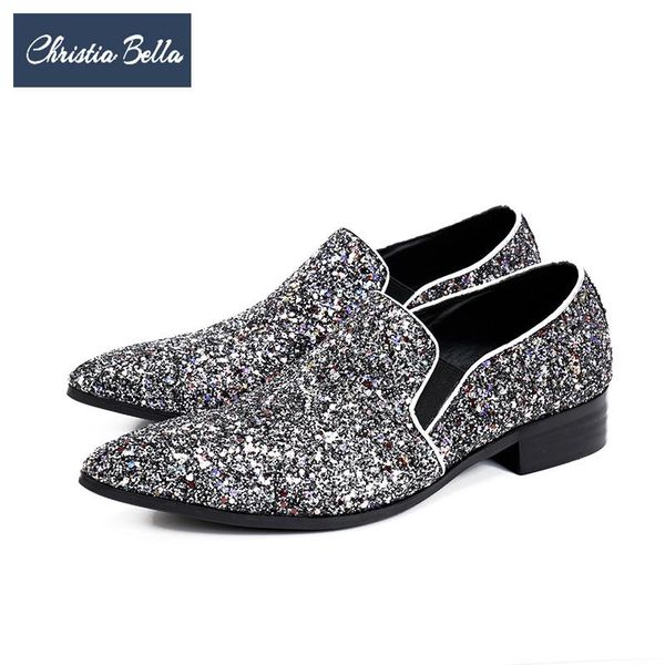 

christia bella fashion silver sequins men dress shoes italian pointed toe men leather shoes wedding banquet formal slip on, Black