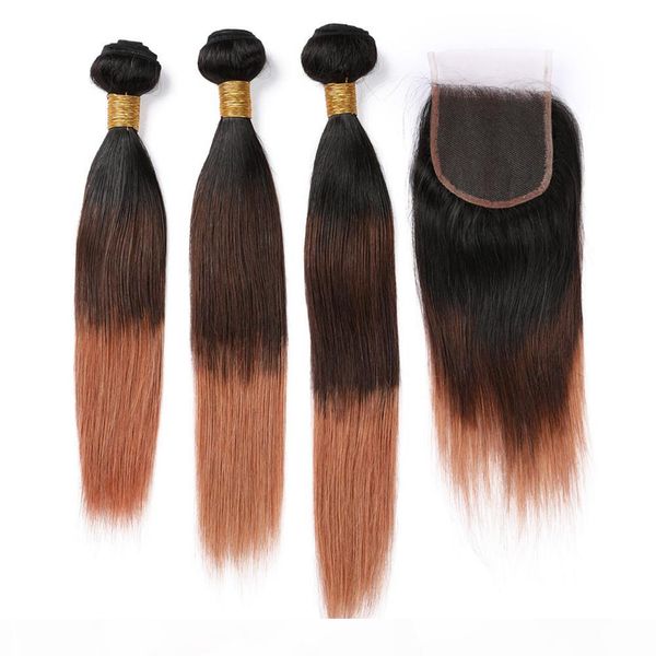 

#1b 4 30 medium auburn ombre human hair lace closure with bundles three tone malaysian straight virgin hair weaves 3bundles with closure, Black;brown