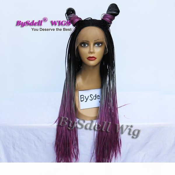 

long braid wig full hand tied full braids hair lace front wig synthetic black grey purple color hair wigs