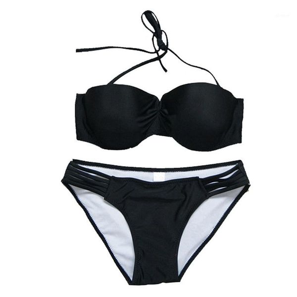 

solid color alluring strapless hollow out two-pieces swimming suits for women1, White;black