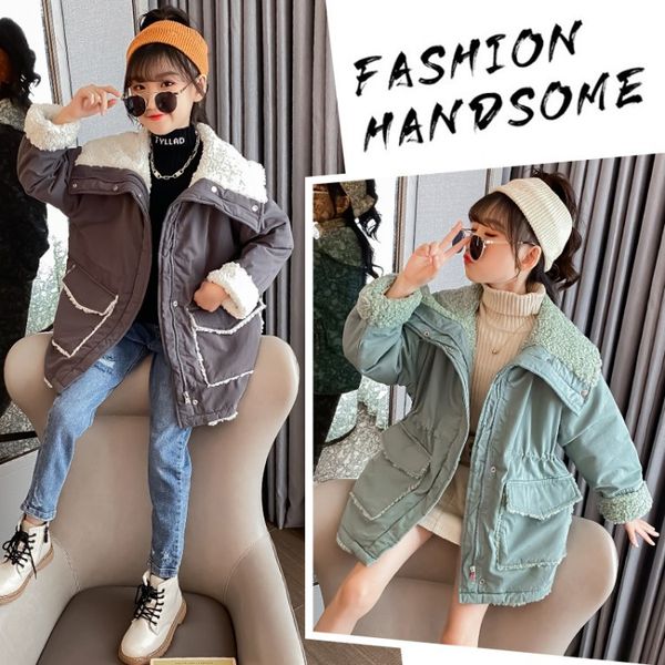 

children's clothing girls plus velvet windbreaker send jacket 2020 autumn and winter new children's long section jacket tide, Camo