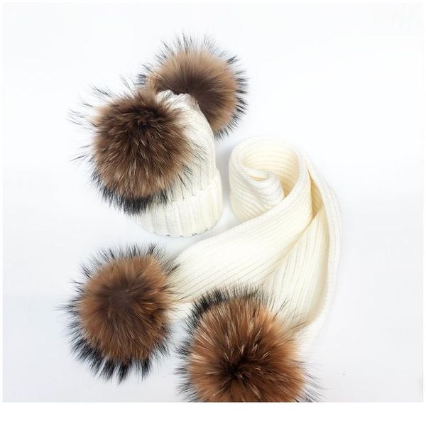 

2020 parent-child caps cute baby pompom winter hat scarf sets real natural fur ball caps mother kids warm knitted hats qylmed