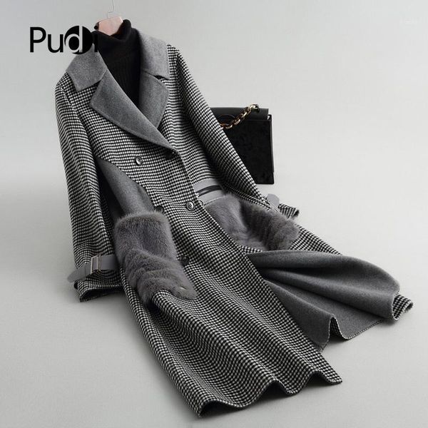 

pudi a38026 2020 women fall/winter new fashion wool plaid jacket lady's long style pocket leisure wool coat1, Black