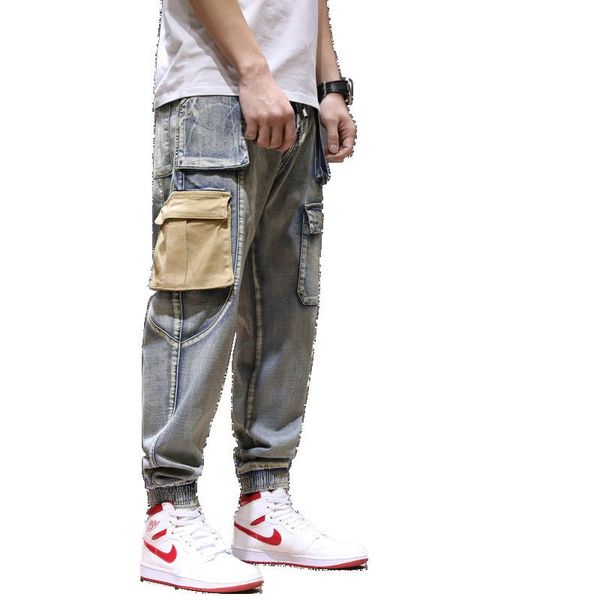 

japanese style vintage design men jeans original color spliced fashion loose fit big pocket cargo pants hip hop jogger jeans men, Blue
