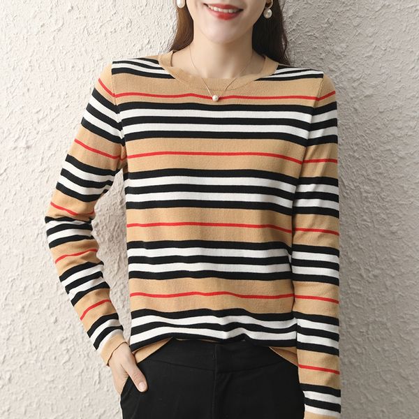 

2020 new cotton sweater women's round neck autumn winter long sleeve loose knitwear knitwear knit shirt stripe bottomed shirt versat, White;black