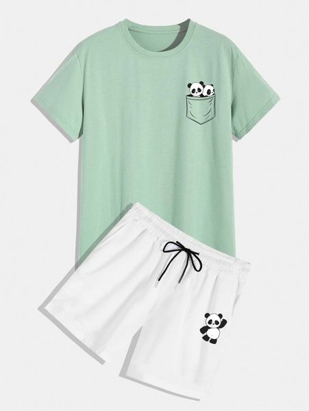 

men cartoon panda print tee with track shorts 07wk#, Gray