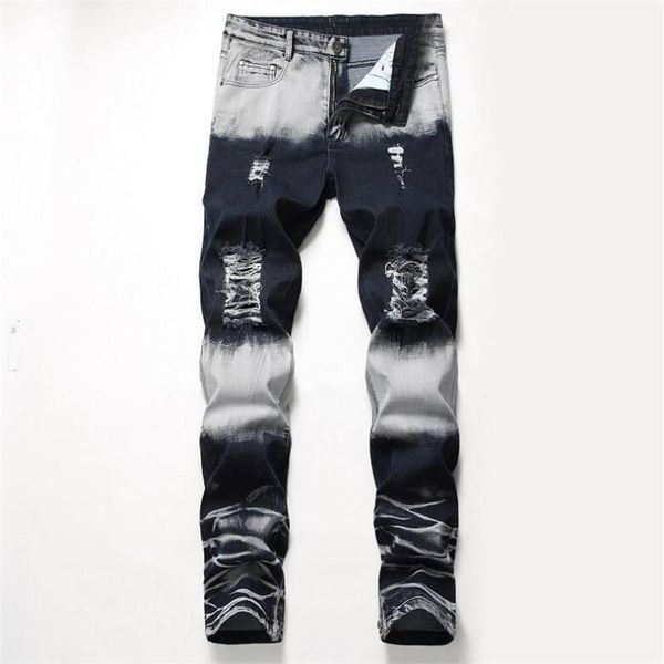 

new jeans men retro hole bleached distressed scratched bleached ripped denim trousers male cowboy vintage straight stretch jeans1, Blue
