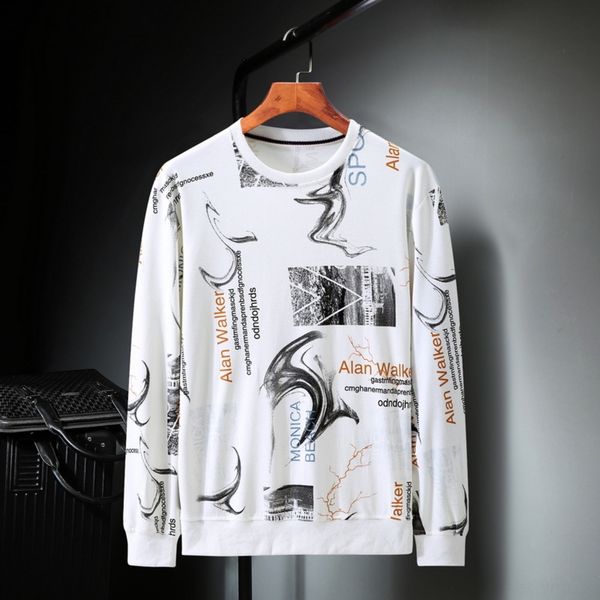 

zr9dy spring and autumn tide size men's long-sleeved plus plus large sweater sweater fat loose printed round neck fat teumq trend top, Black