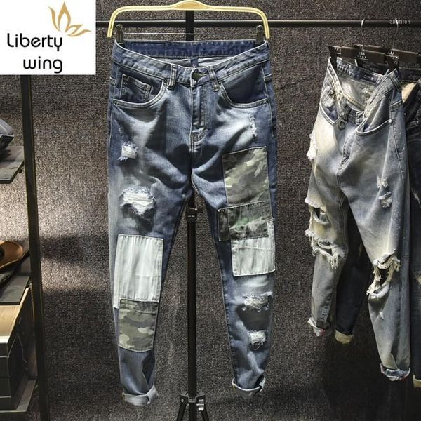 

men's jeans harajuka mens personality hole ripped patchs denim pants hip hop full length slim fit straight male casual trousers streetw, Blue