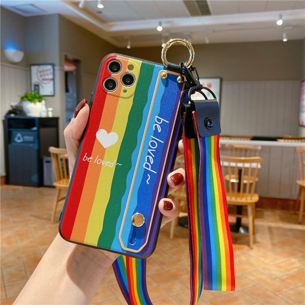 

new rainbow stripes suitable for iphone12promax mobile phone case iphone 11 sets of wrist strap lanyard 7/8plus anti-fall x case