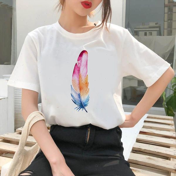 

beautiful falling feather print t shirt women fashion tshirt o neck short sleeve harajuku t shirt white female