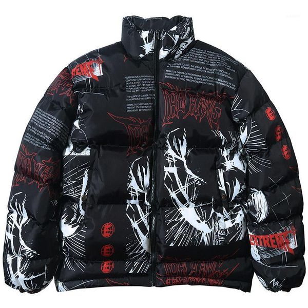 

streetwear men windbreaker harajuku winter padded jacket coat warm outwear 2019 hip hop jacket parka japanese cartoon graffiti1, Black