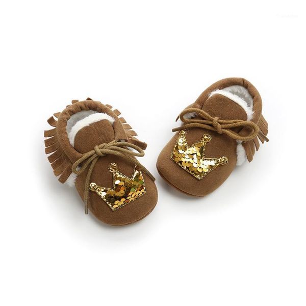 

newborn baby girl moccasins shoes winter boots with fur crown non-slip footwear crib shoes pu suede leather first walker1
