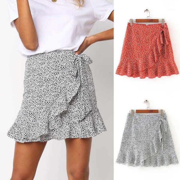 

2020 summer high waist chiffon mini skirt fashion women casual print ruffles a-line pleated lace up bandage short skirt1, Black