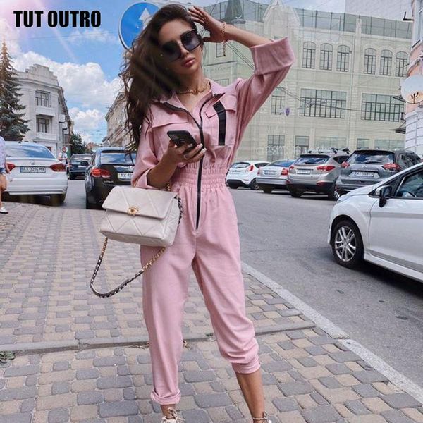 

women's jumpsuits & rompers autumn slim pink overalls jumpsuit womans casual long sleeve turn-down collar zipper pocket fashion streetw, Black;white