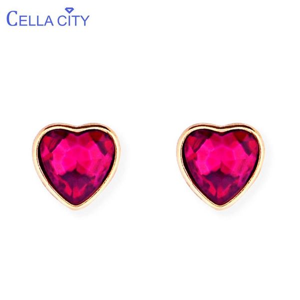 

cellacity sweet heart shaped gemstone earrings for women silver 925 banquet jewelry red crystal ear studs simple delicate gift, Golden;silver