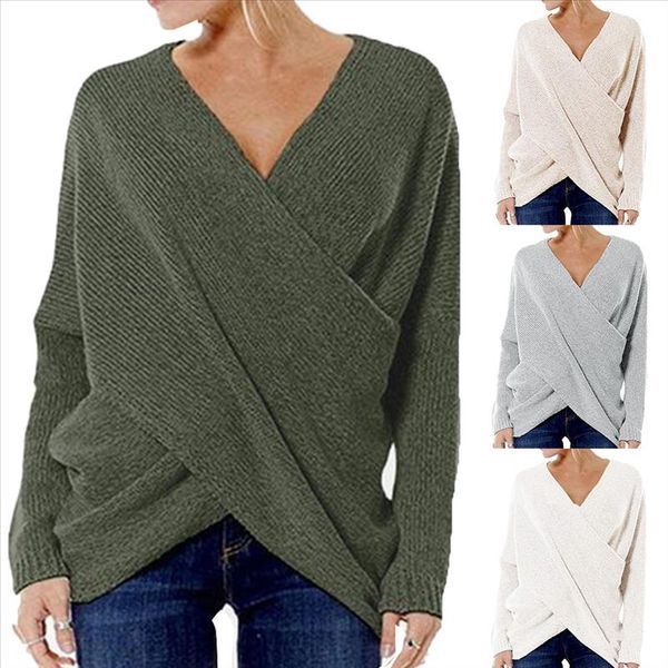 

women autumn knitted sweater vintage cross criss pullovers casual v neck loose jumpers solid irregular hem sweater, White;black