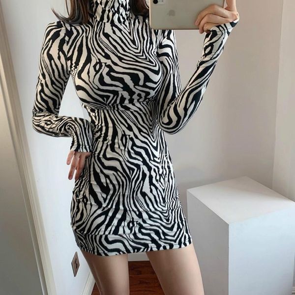 

minority womengag street small turtleneck zebra pattern leopard hip temperament full sleeve mini dress womens dresses qs5, Black;gray