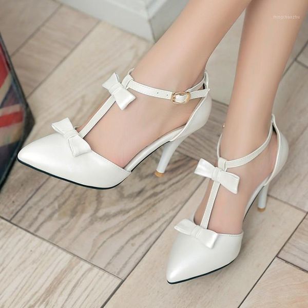

sandals pxelena deisgn double bowtie lolita wedding womens shoes t-strap stiletto high heels sweet blue white pink 34-431, Black