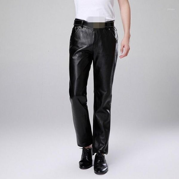 

men luxury cowskin motorcycle leather pants large size straight genuine leather trousers new warm slim fit business casual pants1, Black