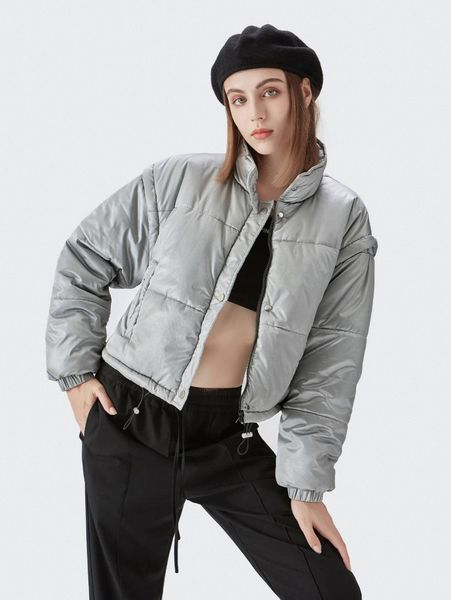 

zipper front drawstring hem puffer winter coat z7ry#, Black