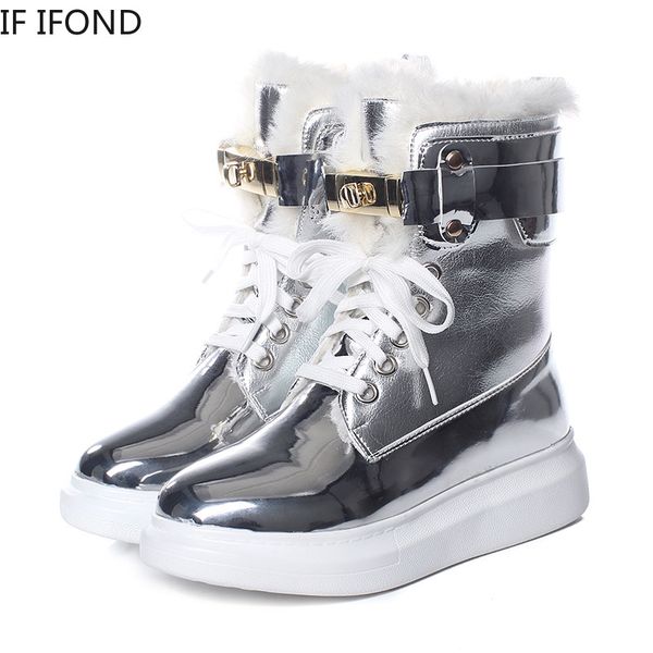 

если ifond 2020 новый зимний водонепроницаемый кожаный ботинок металлические украшения круглый toe теплый плюшевые моды платформы дамы хлопо, Black