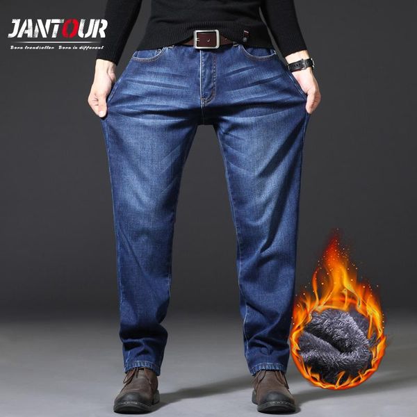 

jeans men winter plus size fleece baggy jeans 2020 fashion straight pantalones business casual thicken 3 model pants men 30-48, Blue