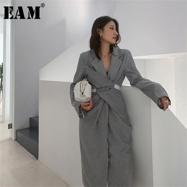 

[eam] women gray pleated knot long elegant dress new v-collar long sleeve loose fit fashion tide spring summer 2020 lj200820, Black;gray