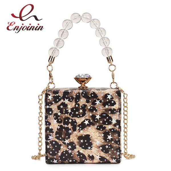 

leopard design star pattern box style beaded handle pu women casual shoulder bag tote crossbody purses chain bag handbag pouch