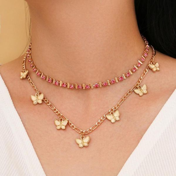

pink rhinestone butterfly necklaces for women multi-layer pendant choker necklace gothic collares chain female jewelry, Golden;silver