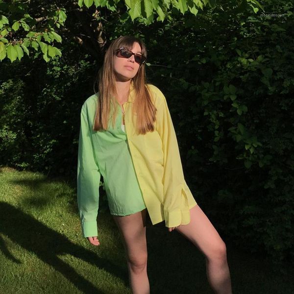 

women's blouses & shirts autumn woman yellow and green patchwork loose single breasted female street wear blusas mujer de moda 20211, White