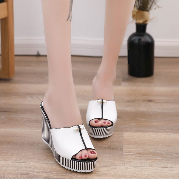 

high heels beach slippers summer wedges sandals platform stripe pearl sandals flip flops women shoes sandalias mujer shoes, Black