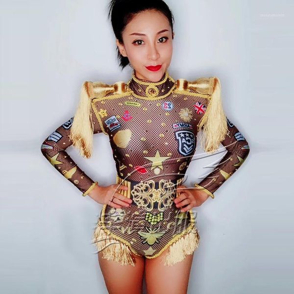 

nightclub dj ds female singer jumpsuit aristocratic printed tassel stretch one-piece bodysuit stage costume dwy13541, Black;red