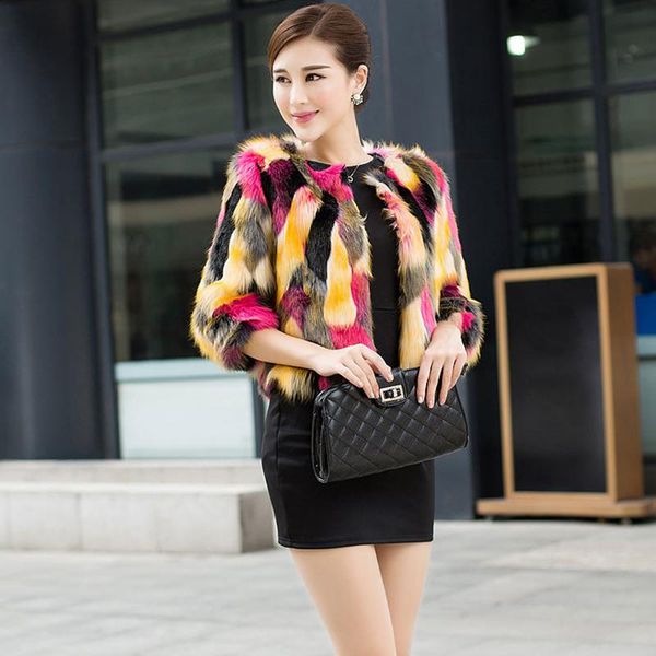 

women's fur & faux 2021 fashion winter women mix color coat three quarter-sleeve female slim short jacket pc023, Black