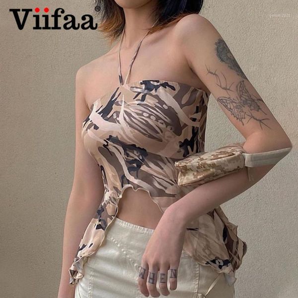 

viifaa multicolor print halter ruffle asymmetrical hem backless party women sleeveless crop, White